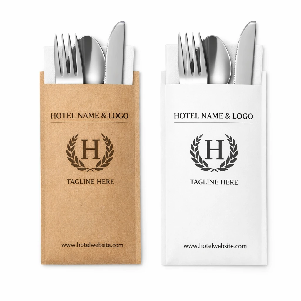 Custom Hotel Name & Logo Printed Cutlery Pouches for Restaurants & Banquets